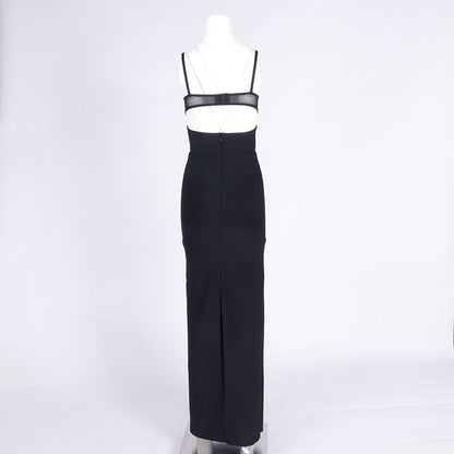 Back Slit Knitted Bandage Maxi Dress in Black