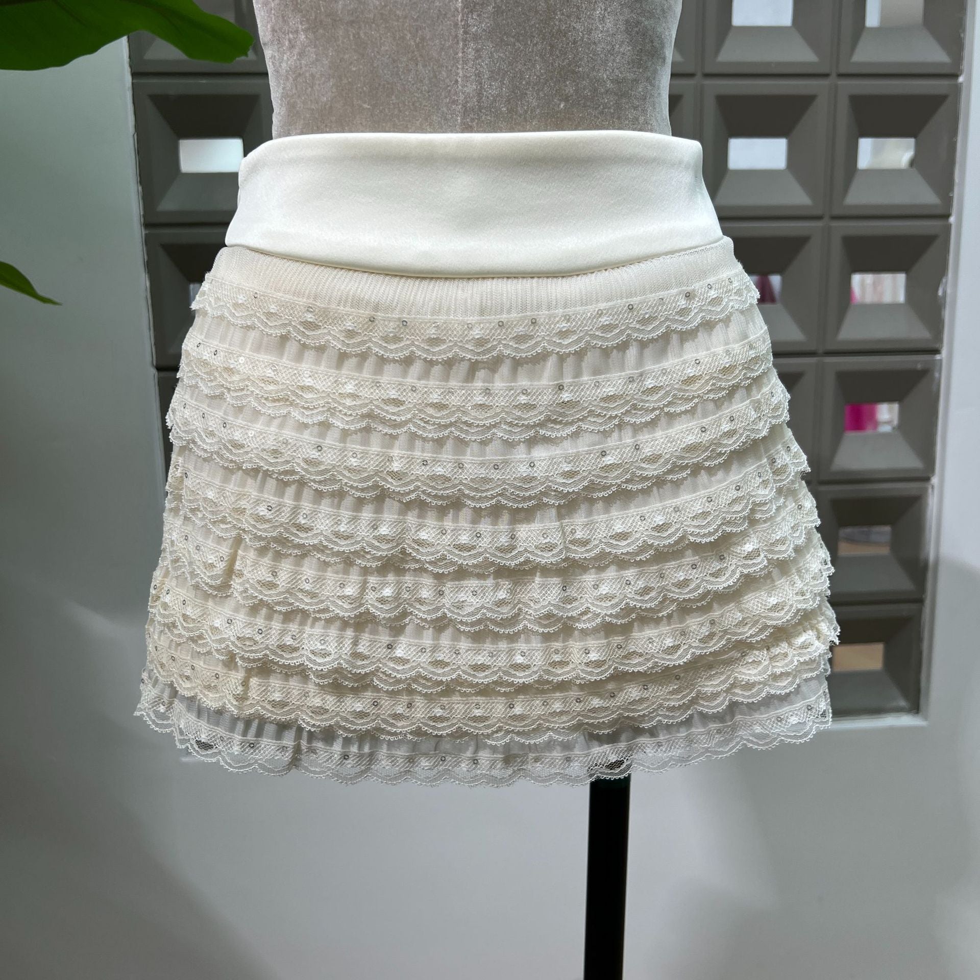 Apricot Mesh Lace Ruffled Trumpet Sleeve Shirt Dress Shorts Set Soraya