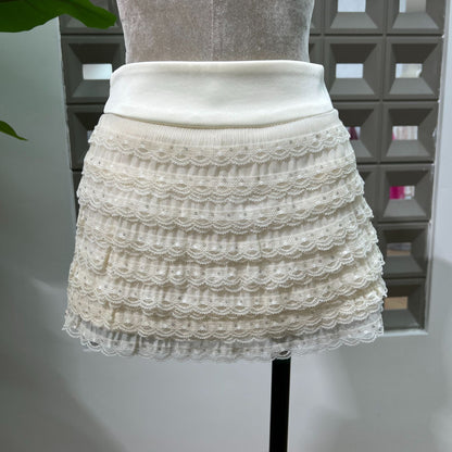 Apricot Mesh Lace Ruffled Trumpet Sleeve Shirt Dress Shorts Set