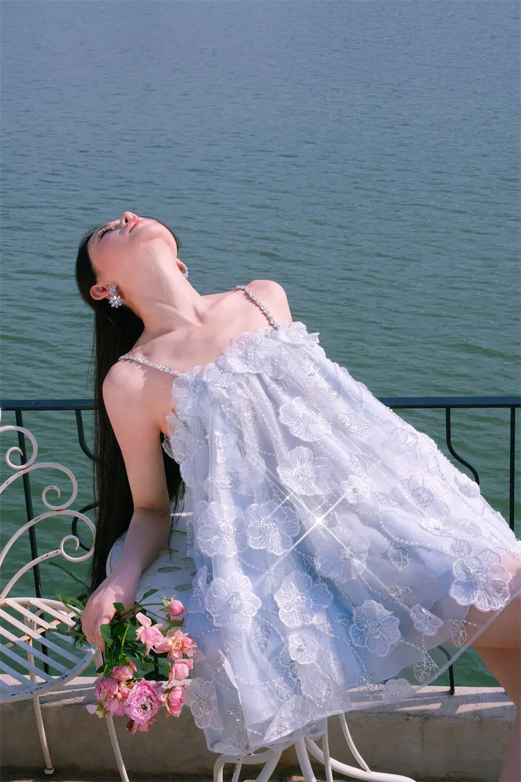 Tutu Light Blue Sleeveless Flower Diamond Short Doll Dress Avalabel