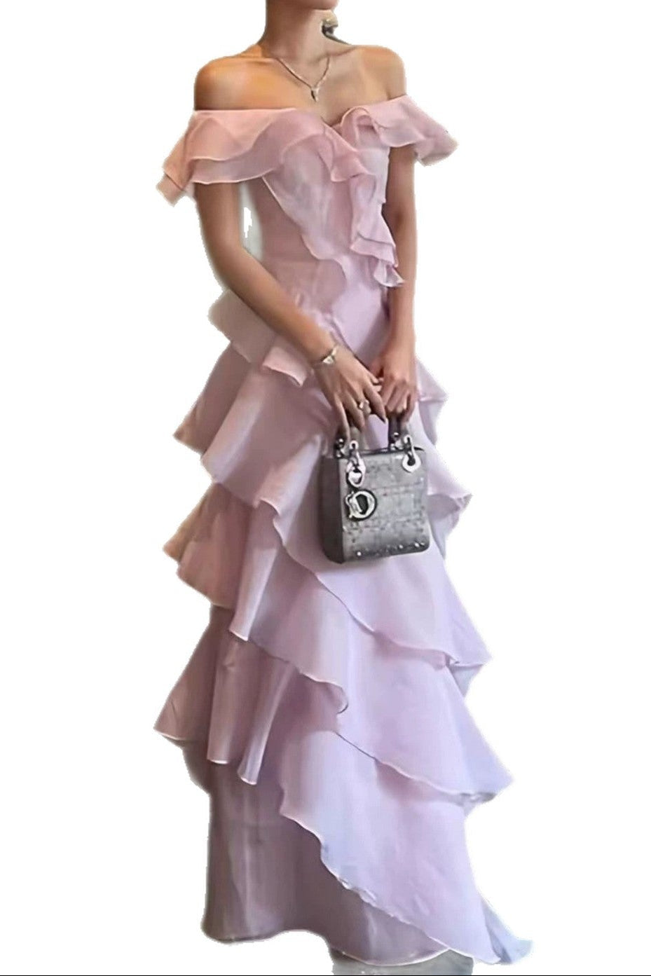 Off Shoulder Ruffled Layer Chiffon Maxi Evening Dress Avalabel