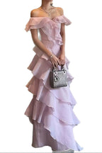 Off Shoulder Ruffled Layer Chiffon Maxi Evening Dress Avalabel