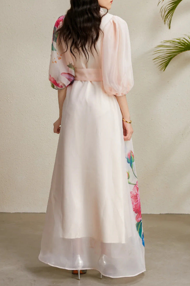 Single-Breasted Floral Printed Puff Sleeve Maxi Dress in Apricot Avalabel