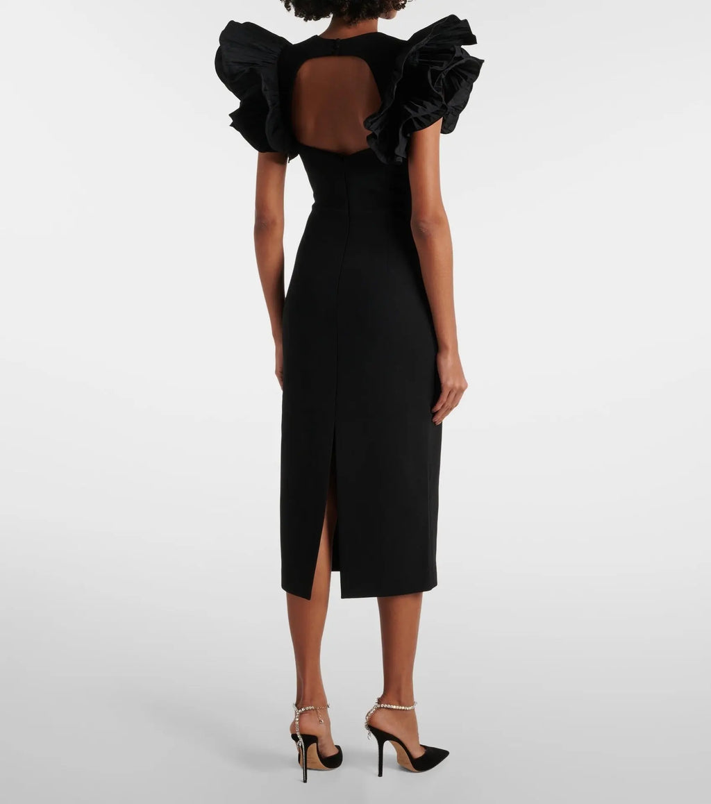 blanche ruffle crepe midi dress in black Avalabel