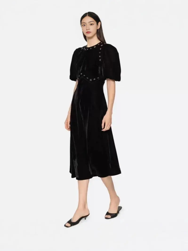 vicky black rhinestone embellished velvet puff sleeve maxi dress Avalabel