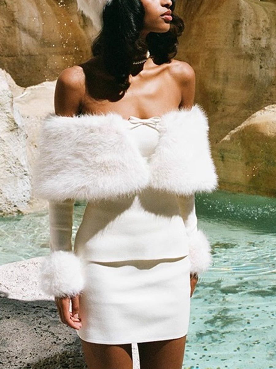 sherry Off Shoulder Furry Skirt Set Avalabel