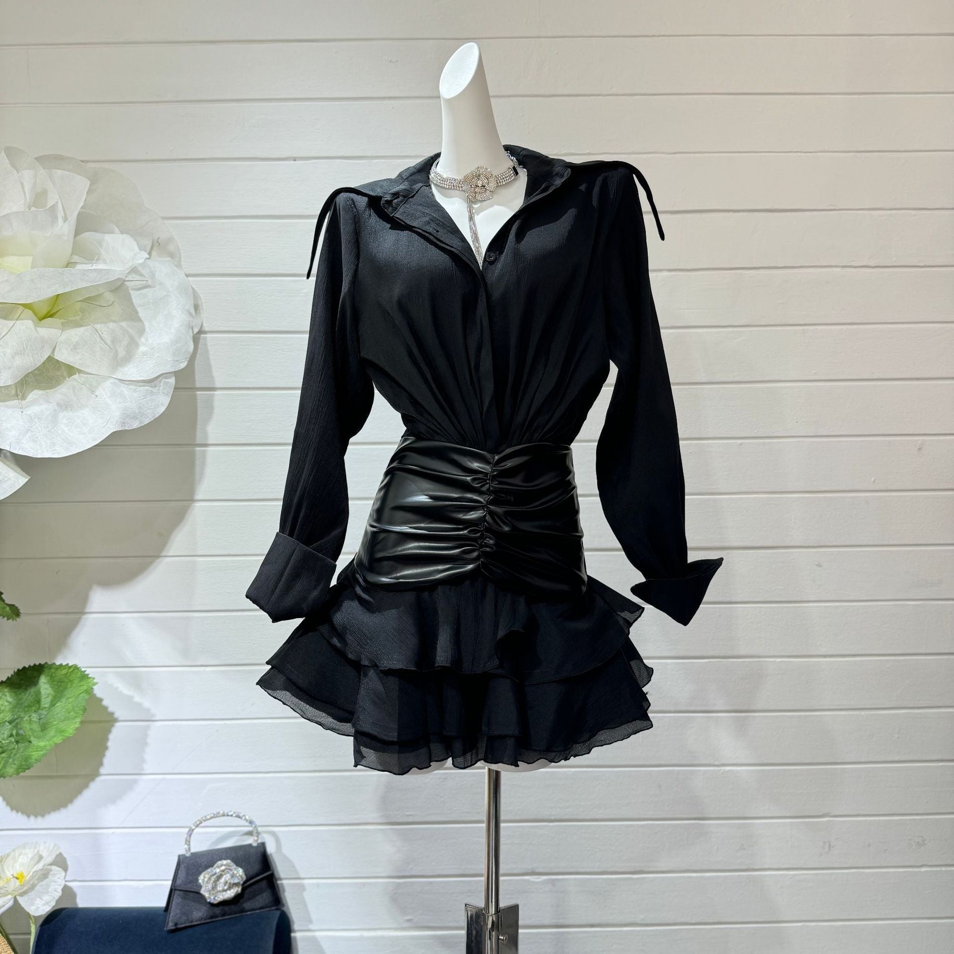 mandy Collar Ruched Ruffle Mini Dress in black Avalabel
