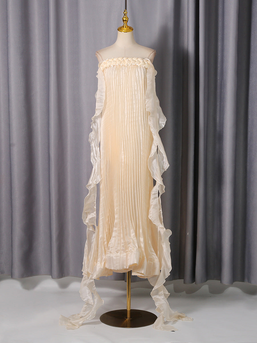 quintina Off Shoulder Pleated Maxi Dress in apricot