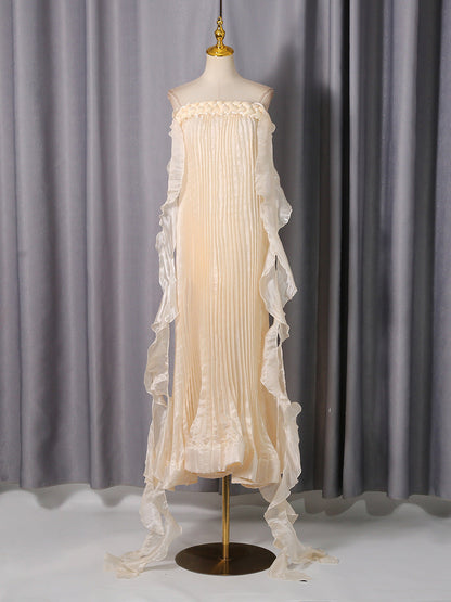 quintina Off Shoulder Pleated Maxi Dress in apricot