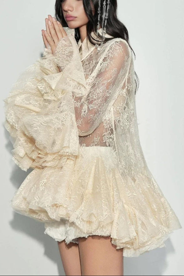 Apricot Mesh Lace Ruffled Trumpet Sleeve Shirt Dress Shorts Set Soraya
