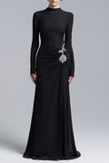 hedwig rose embellished gathered sheath gown in black Avalabel