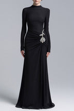 hedwig rose embellished gathered sheath gown in black Avalabel