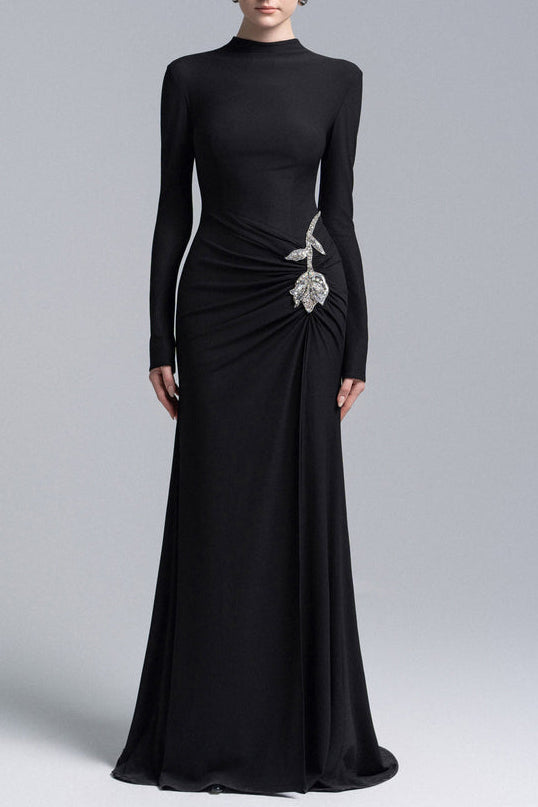 hedwig rose embellished gathered sheath gown in black Avalabel