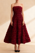 mona 3D Rose Petal Strapless Mesh Maxi Dress in wine red Avalabel