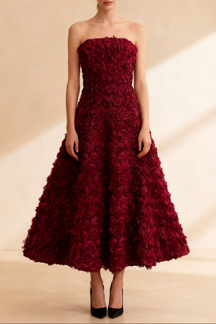 mona 3D Rose Petal Strapless Mesh Maxi Dress in wine red Avalabel
