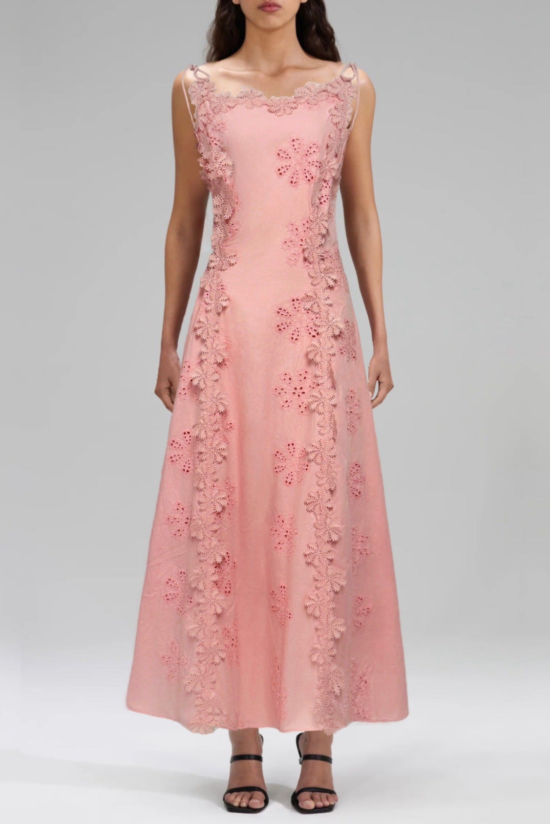 Lace Trim Embroidery Hollow Midi Dress in White Avalabel