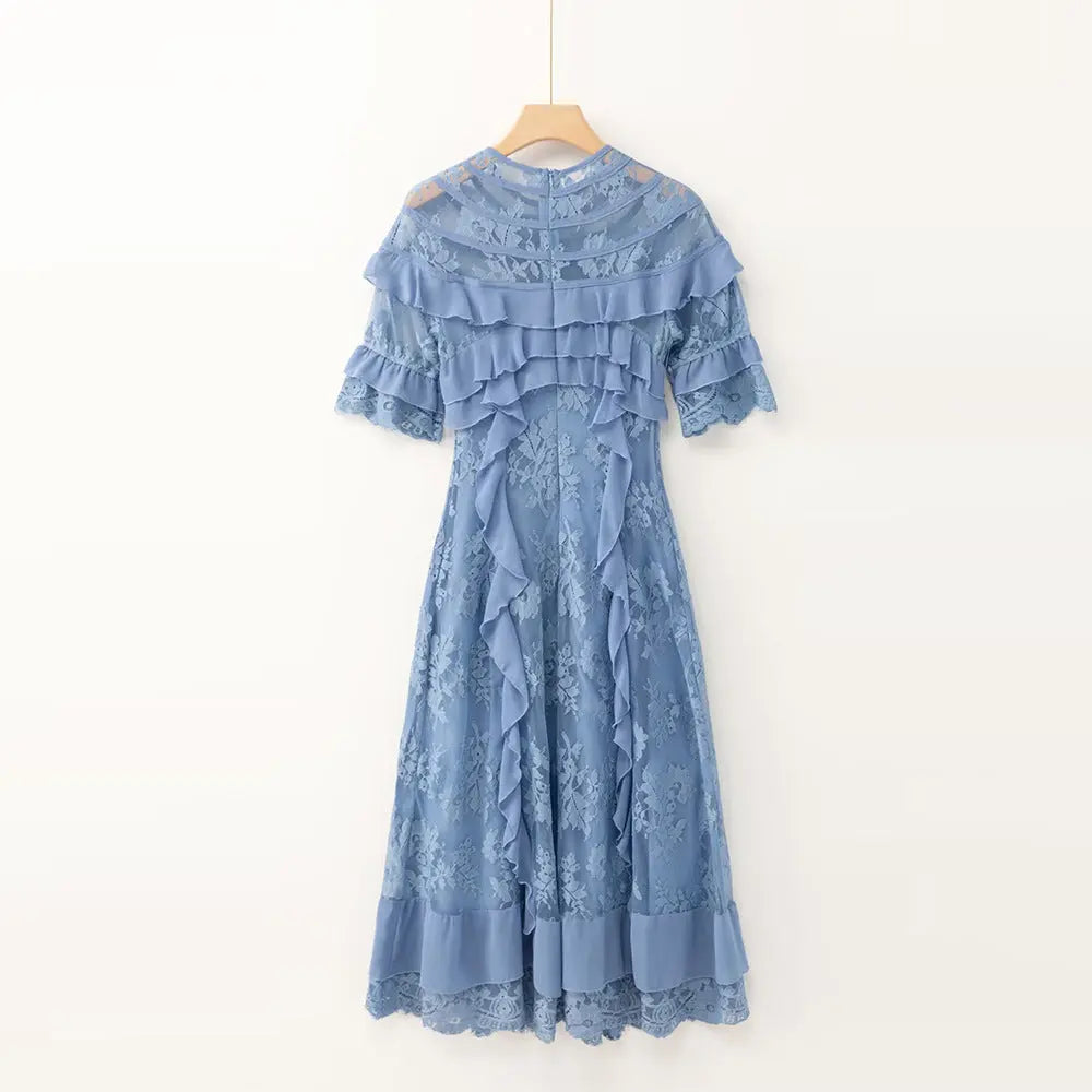 lorraine lace ruffle trim midi dress in blue Avalabel