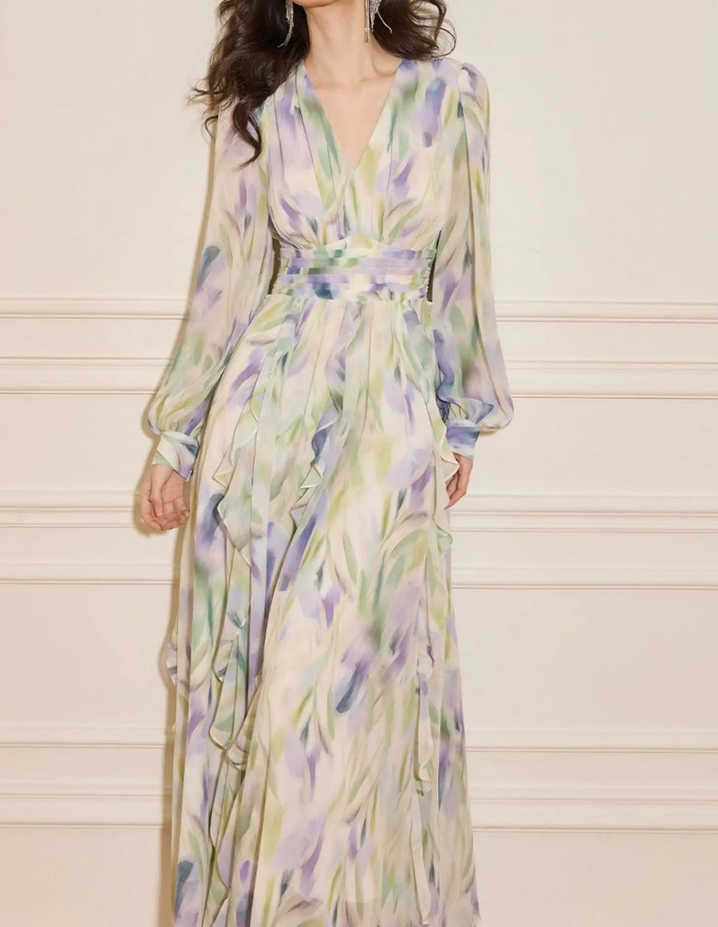 rachel multicolor v-neck floral print lantern sleeve maxi dress Avalabel