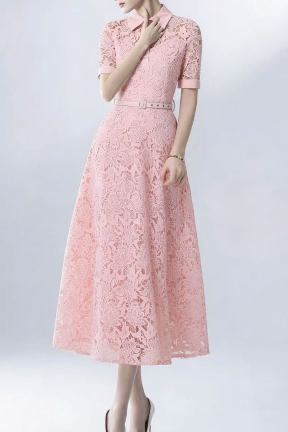 Lace Collared Belted Midi Dress Avalabel