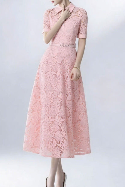 Lace Collared Belted Midi Dress