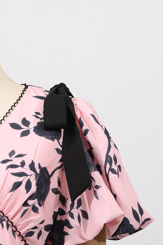 V-Neck Satin Floral Midi Dress in Pink Avalabel