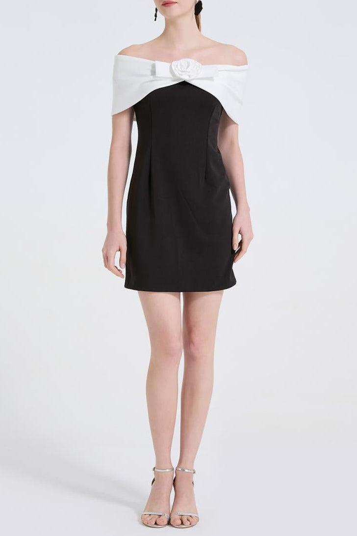 Sandra Off-Shoulder 3D Flower Mini Dress in Black