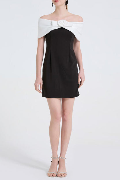 Sandra Off-Shoulder 3D Flower Mini Dress in Black
