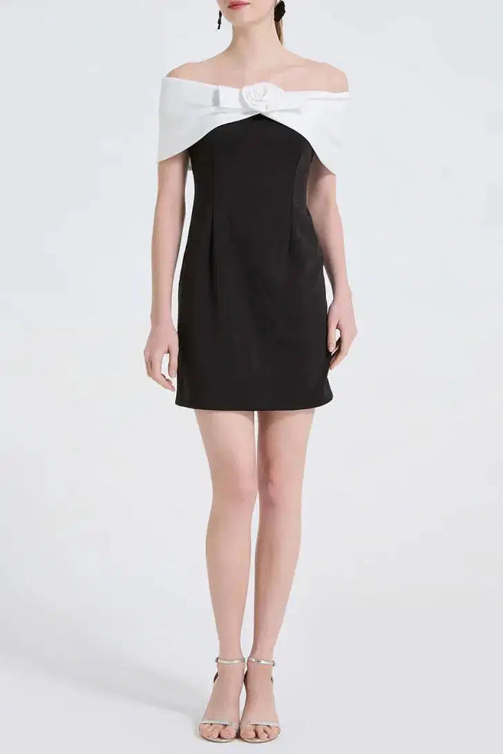 Sandra Off-Shoulder 3D Flower Mini Dress in Black Avalabel