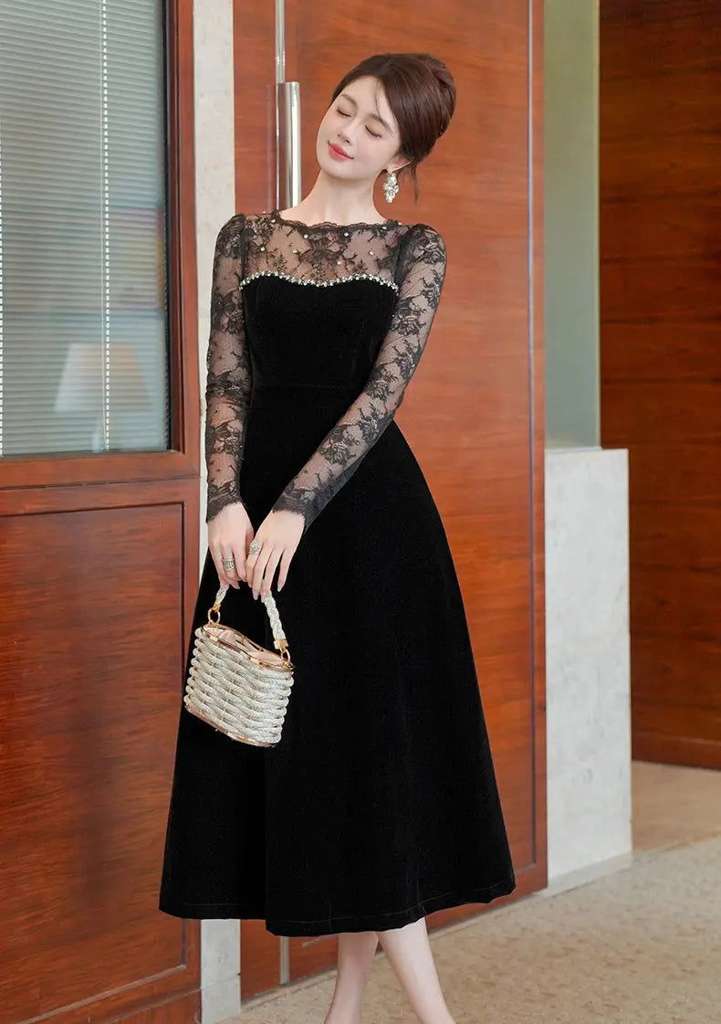 Tiffany Lace Hollow Sleeve Rhinestone Velvet Maxi Dress in Black Avalabel