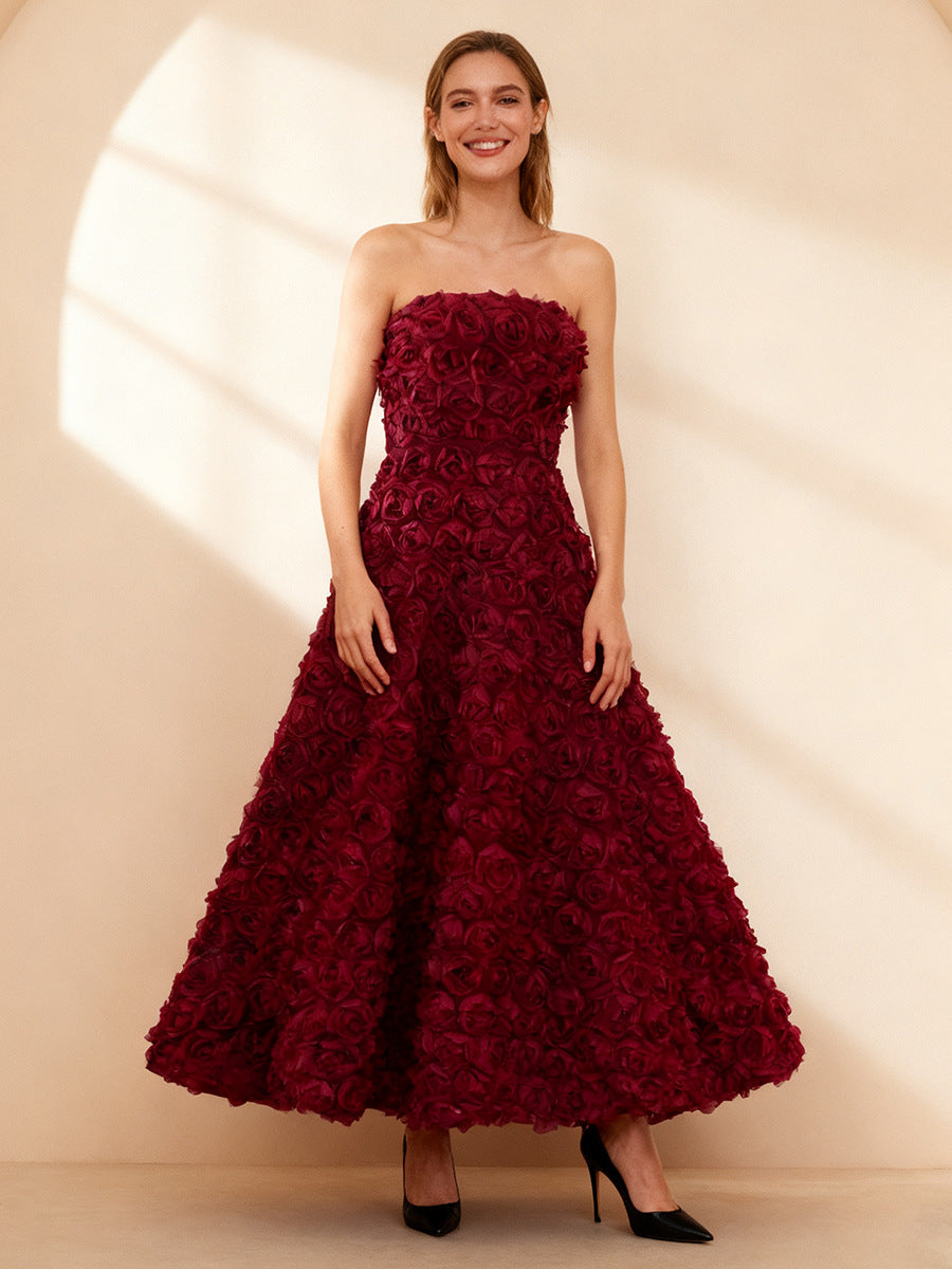 mona 3D Rose Petal Strapless Mesh Maxi Dress in wine red Avalabel