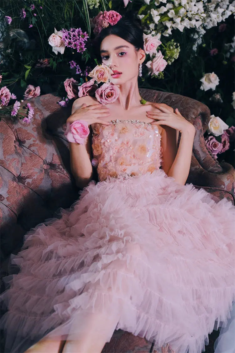 Pink Princess layer ruffle midi floral Embroidery strapless Dress Avalabel
