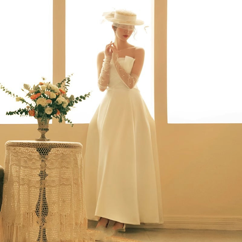 Louise French Satin Minimalist Slimming Princess-Style Light Weight Wedding Maxi Dress Avalabel