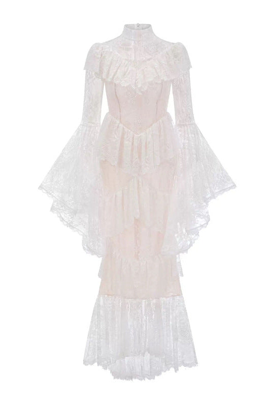 sylvia Sheer lace trumpet sleeve maxi dress in white Avalabel