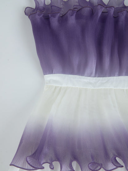Purple Gradient Pleated Ruffle Trim Layered Mini Dress
