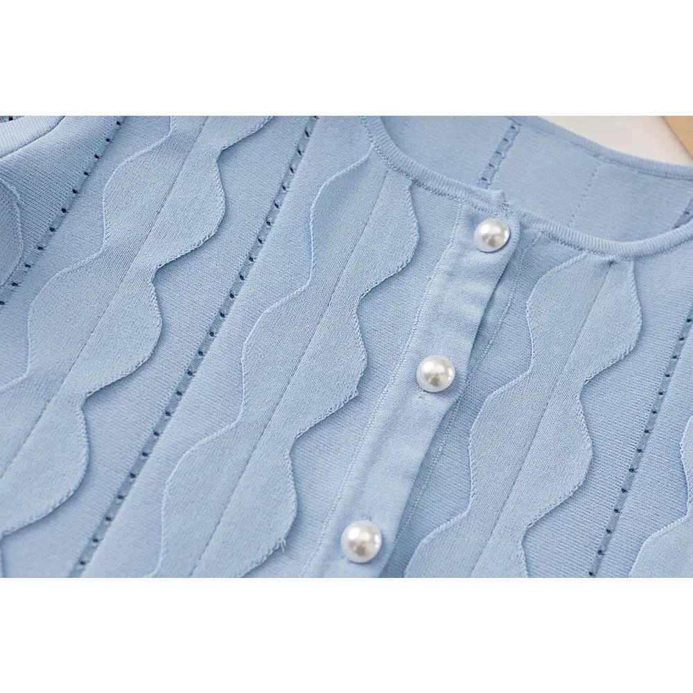 blue geometric circle pattern cardigan skirt two-piece set Avalabel