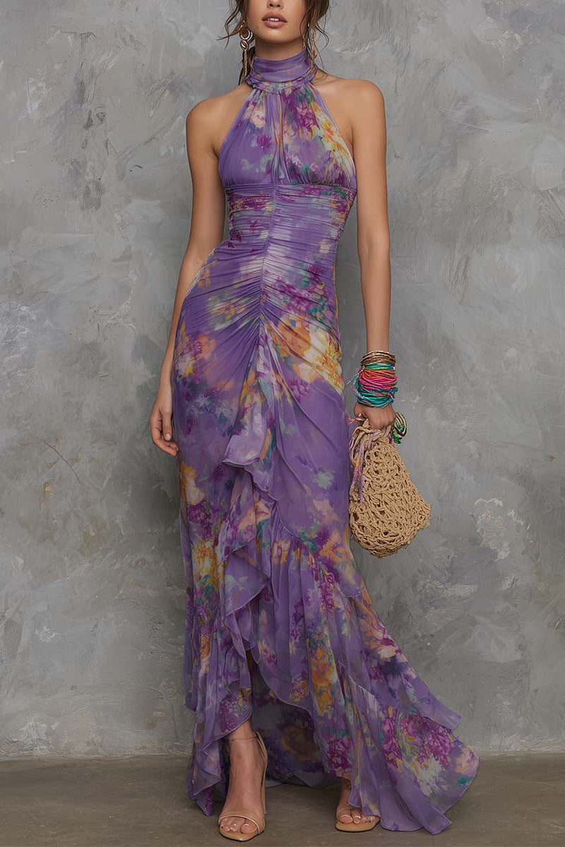 Purple Floral Halter Ruched Maxi Dress Avalabel