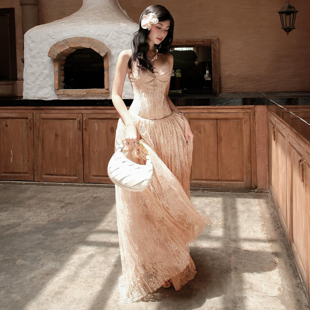 Rose Asymmetrical Waist Spaghetti Strap Maxi Dress - Khaki Avalabel