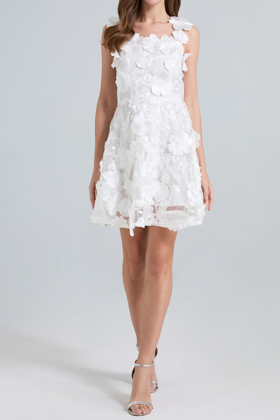 Georgia 3d Floral Lace Mini Dress in White Avalabel