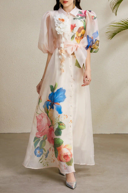 Single-Breasted Floral Printed Puff Sleeve Maxi Dress in Apricot Avalabel