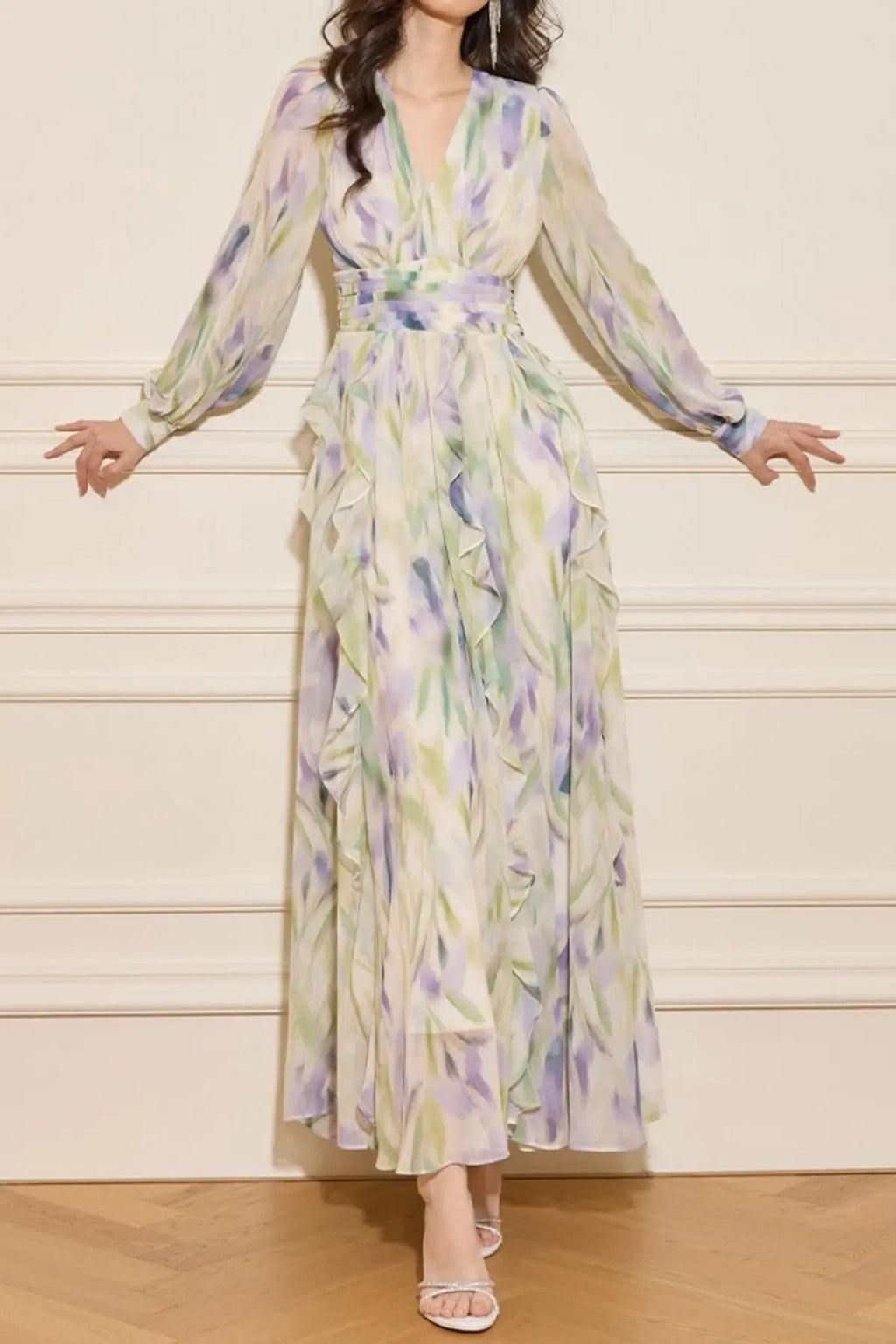 rachel multicolor v-neck floral print lantern sleeve maxi dress Avalabel