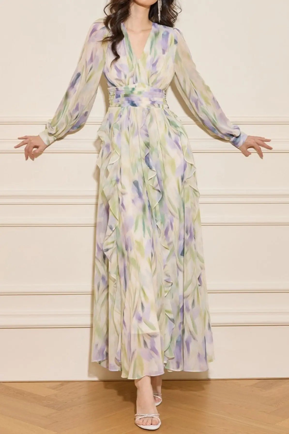 rachel multicolor v-neck floral print lantern sleeve maxi dress Avalabel