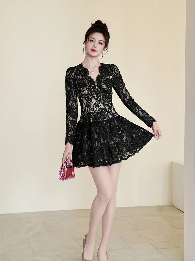 Sabrina Black Lace Hollow Long Sleeve A-Line Mini Dress Avalabel