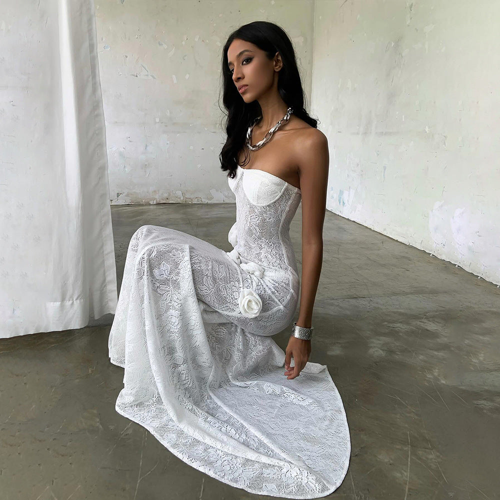 Sheer Lace Strapless Dress with Three-Dimensional Floral Fishtail Skirt - White Avalabel