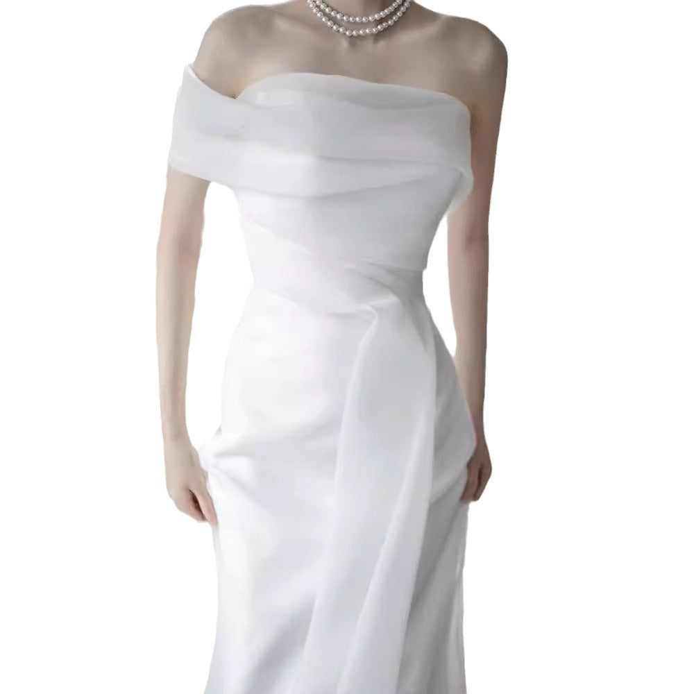 Lisa in a Simple Yet Elegant White French-Style one-Shoulder Mermaid Maxi Dress Avalabel