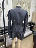 adora dark grey Butterfly Embroidered blazer mini skirt Set Avalabel