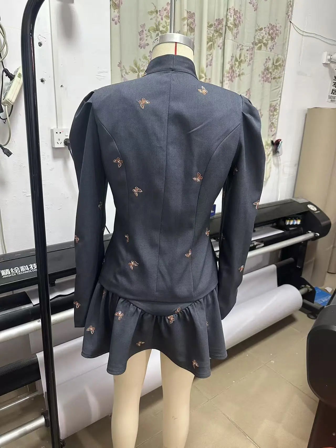 adora dark grey Butterfly Embroidered blazer mini skirt Set Avalabel