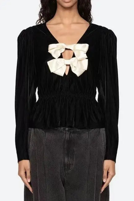 wallis black v-neck bow cutout velvet top Avalabel