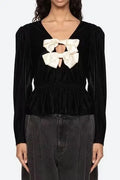 wallis black v-neck bow cutout velvet top Avalabel