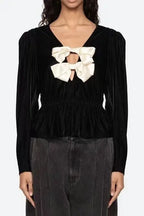 wallis black v-neck bow cutout velvet top Avalabel