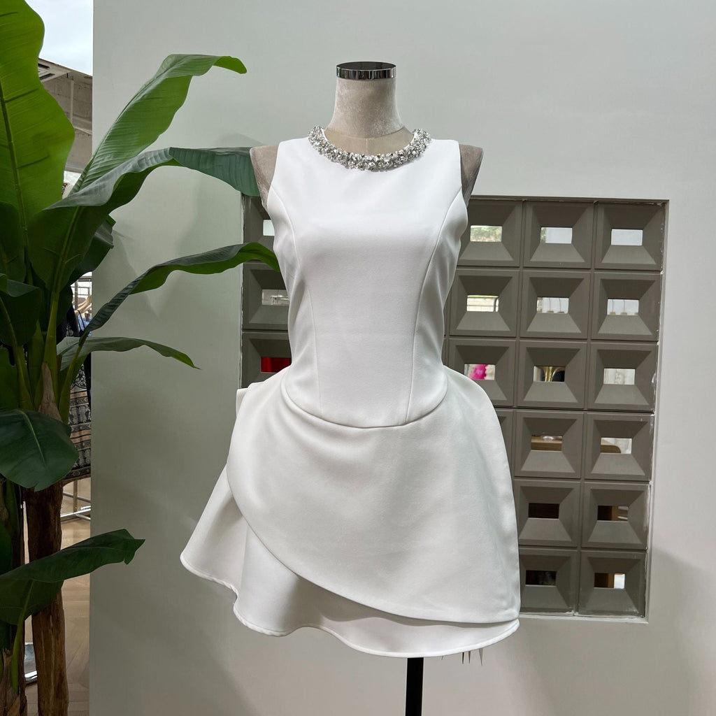Jean Round Neck Diamond Sleeveless Mini Dress in White Avalabel